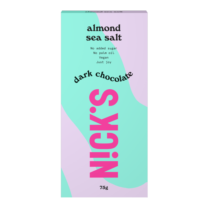 Nick's Dark chocolate & almond sea salt 75g pakkaus