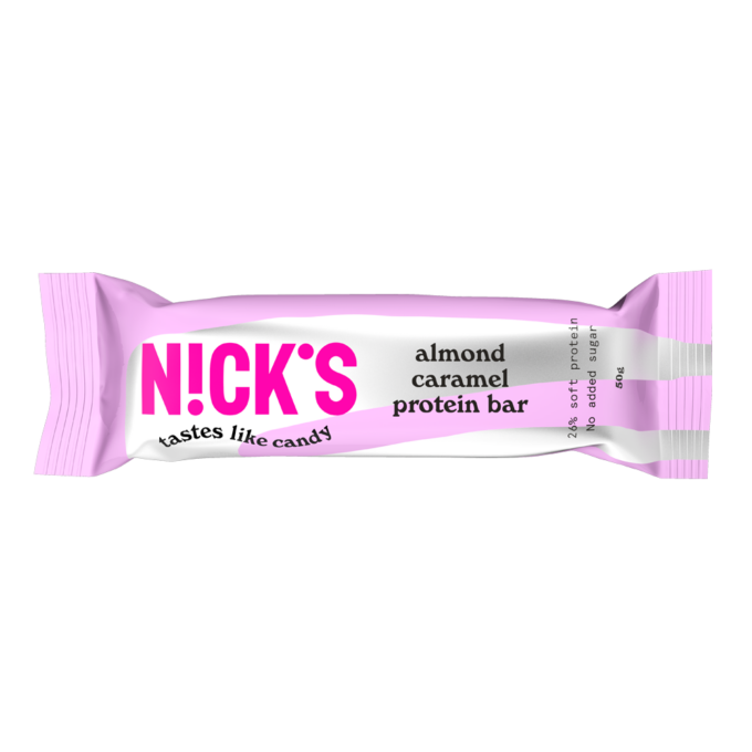 Nick's almond caramel protein bar 50g pakkaus
