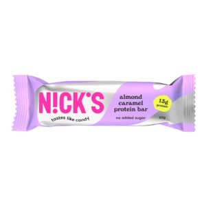 Nick's almond caramel protein bar 50g uusi pakkaus