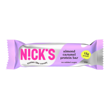 Nick's almond caramel protein bar 50g uusi pakkaus