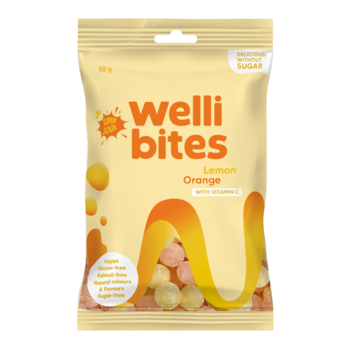 Wellibites Super Sour Sitruuna & Appelsiini 50g pakkaus